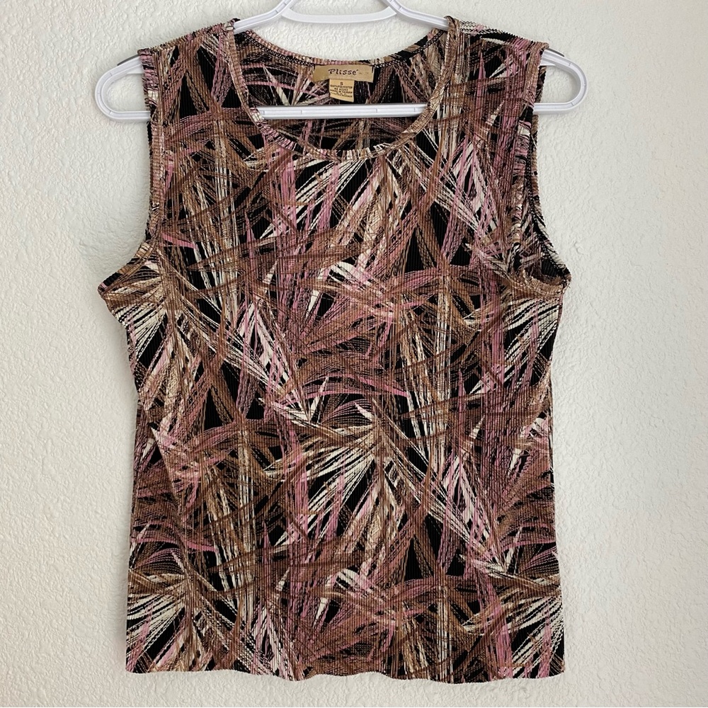 Vintage Y2K pink white brown tropical printed pleated tank top size S